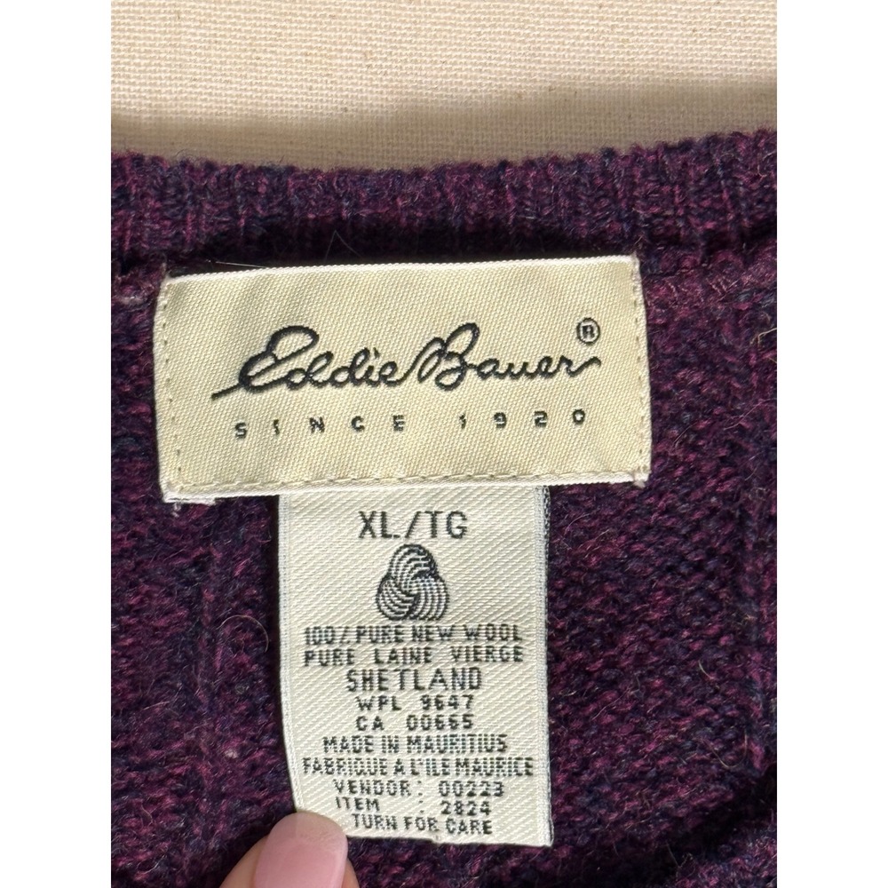 Eddie‎ Bauer Sweater Mens XL Purple 100% Shetland Wool Cable Knit Crewneck - Picture 5 of 6